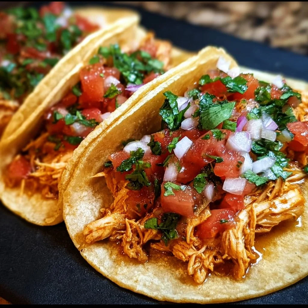 Healthy crockpot chicken tacos with fresh salsa on a plate