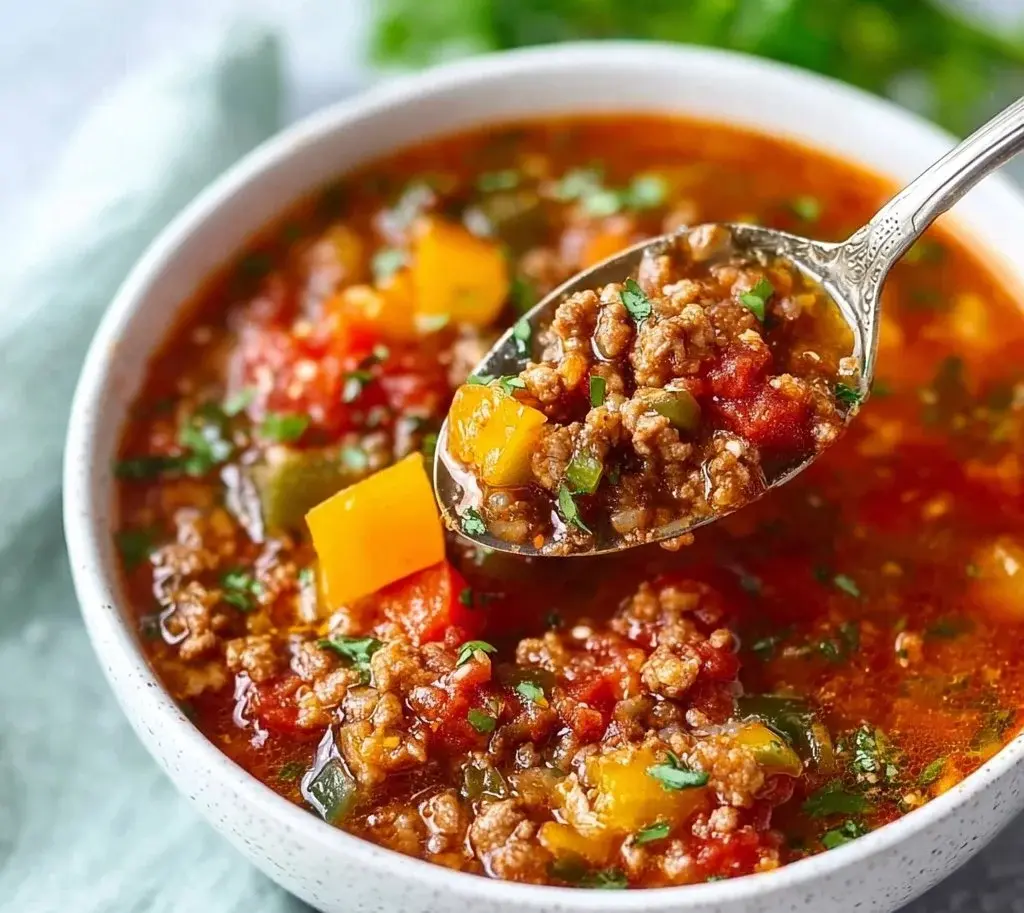 Bowl of healthy Crockpot stuffed pepper soup garnished with herbs