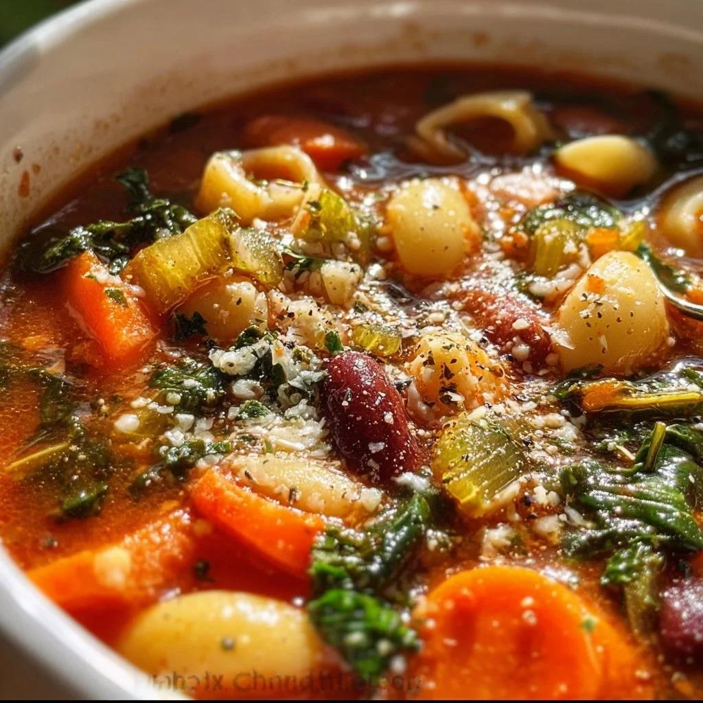 Bowl of hearty classic minestrone soup with fresh vegetables and herbs