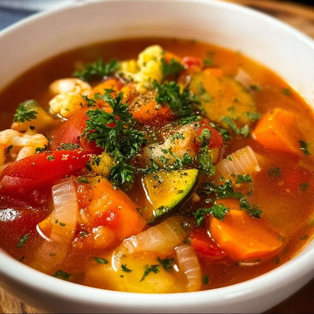 Bowl of hearty vegetable soup with fresh vegetables and herbs