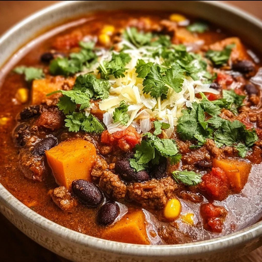 Bowl of hearty vegetarian chili topped with fresh herbs.
