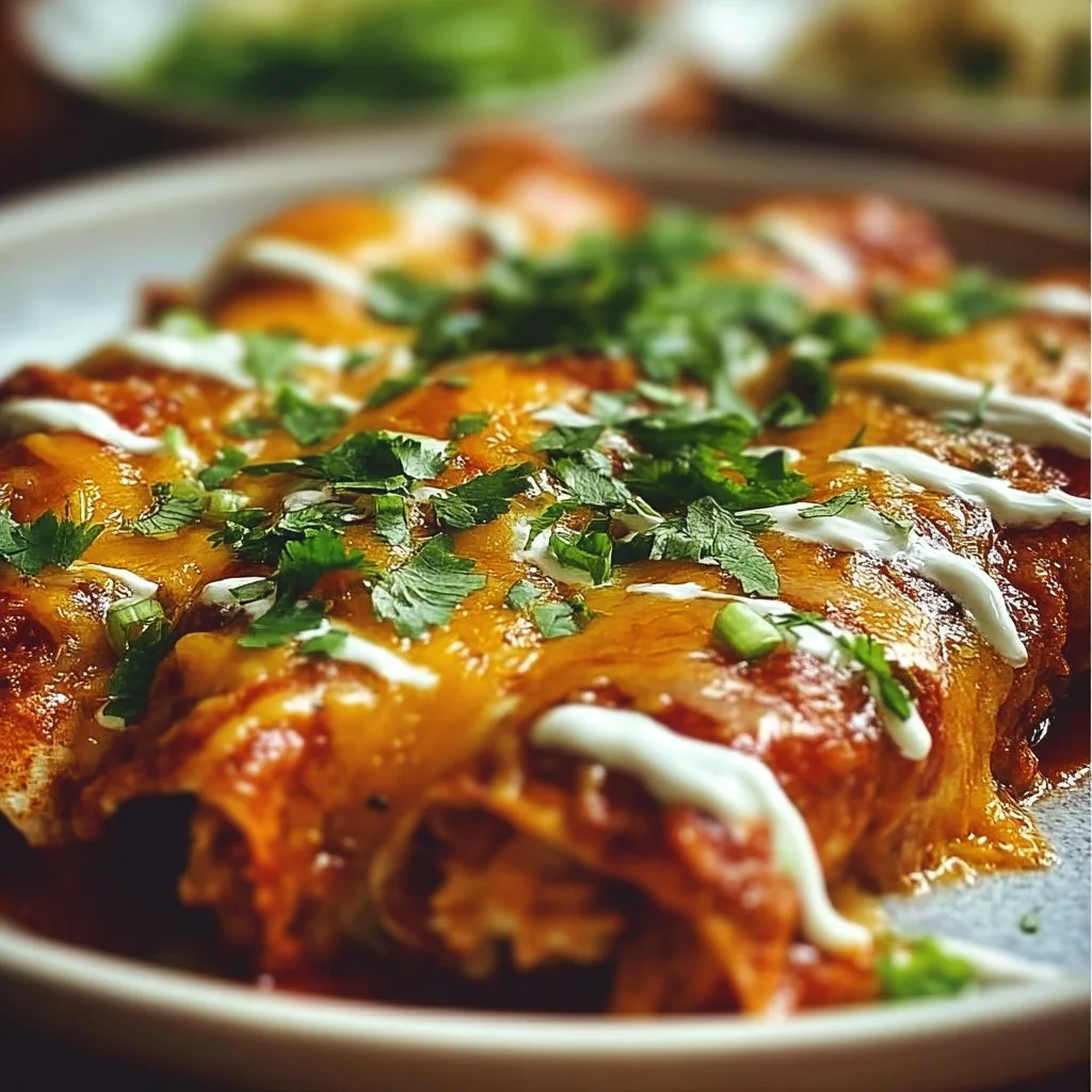 High protein creamy chilli chicken enchiladas served with garnishes