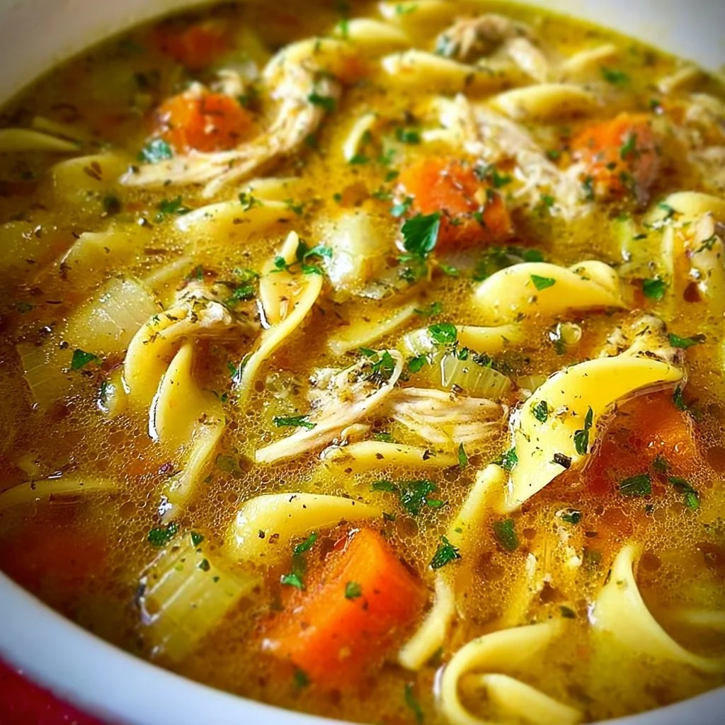 A bowl of homemade chicken noodle soup garnished with herbs.