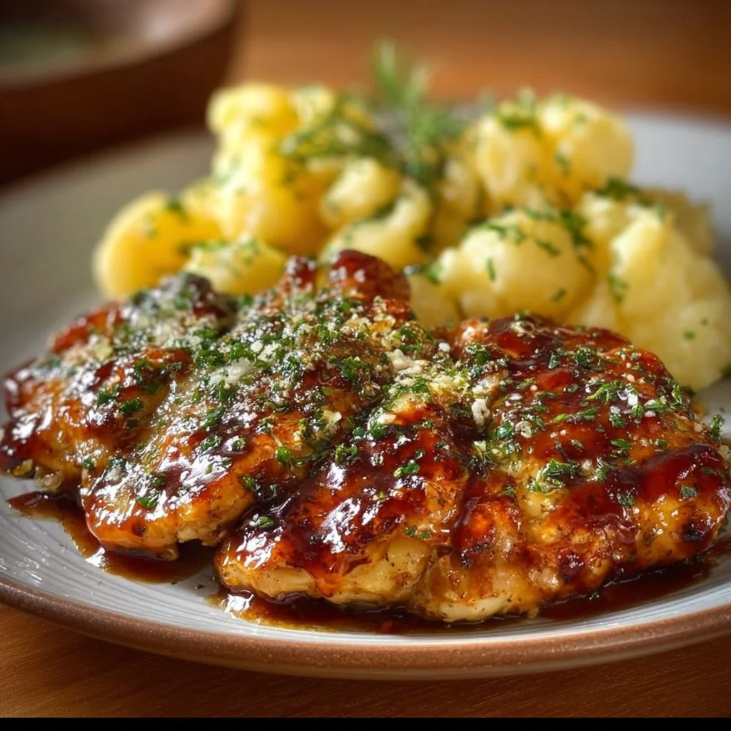 Honey BBQ Chicken served with creamy garlic parmesan potatoes on a plate.