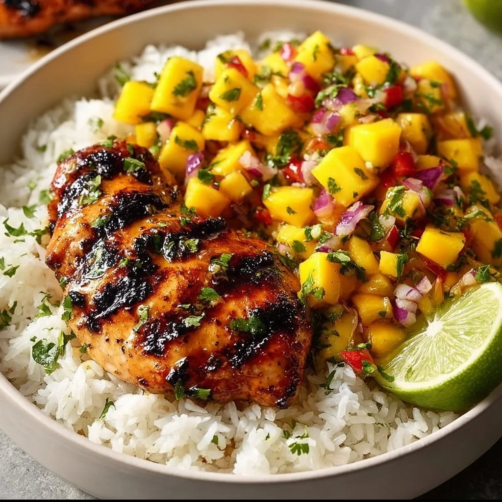 Honey Lime Chicken served with vibrant Mango Salsa on a plate.