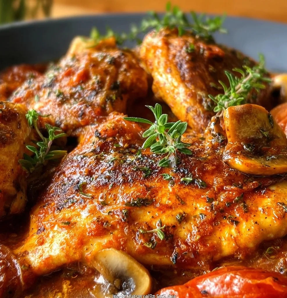 Delicious plate of Hunter's Chicken with rich sauce and herbs