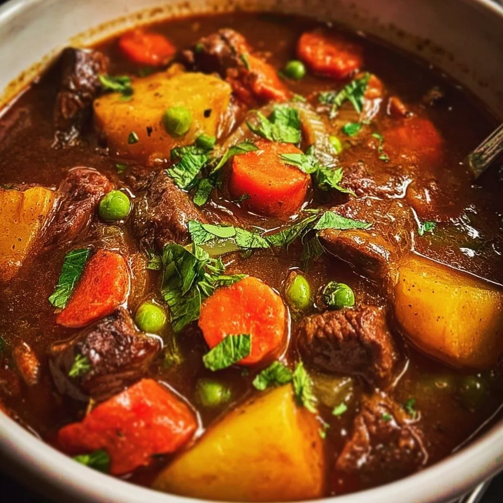 Delicious Instant Pot beef stew with vegetables and herbs in a bowl