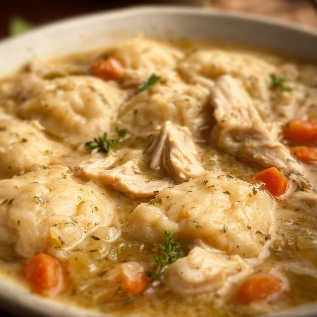 Instant Pot chicken and dumplings served in a bowl