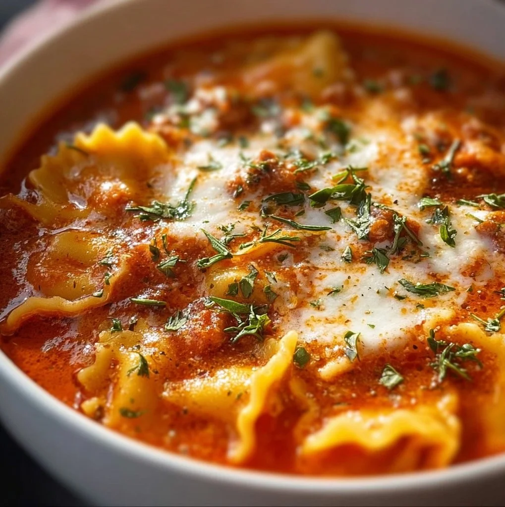 Delicious Instant Pot Lasagna Soup served in a bowl with cheese and herbs