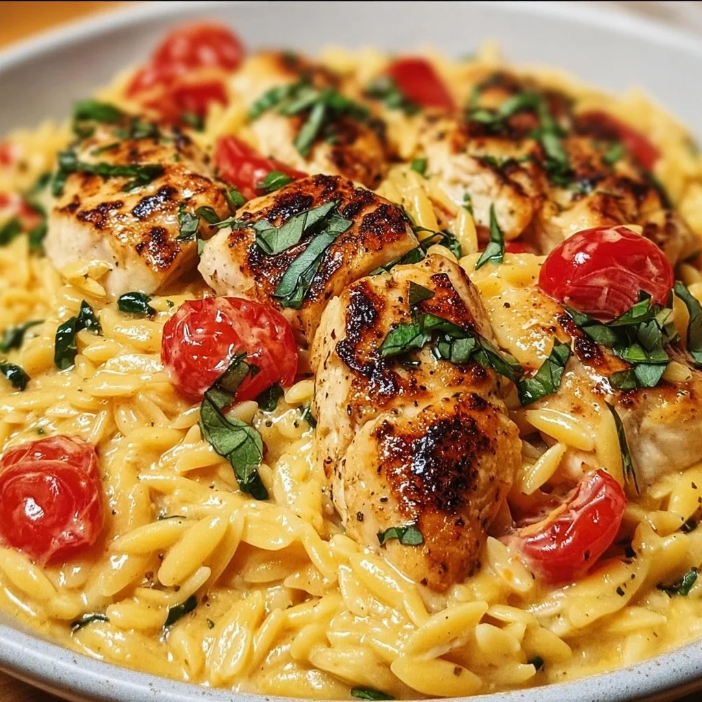 Creamy Tuscan Chicken Orzo dish with herbs and vegetables