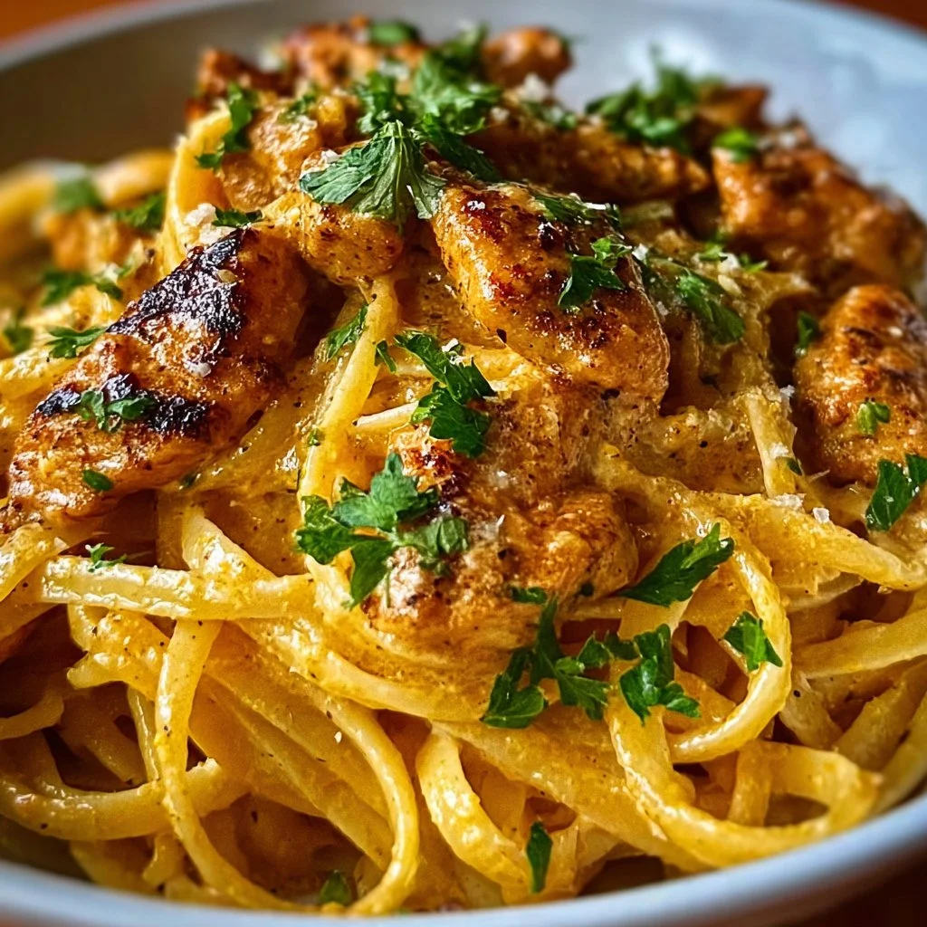 Delicious Cowboy Butter Chicken Linguine served in a bowl with parsley garnish.