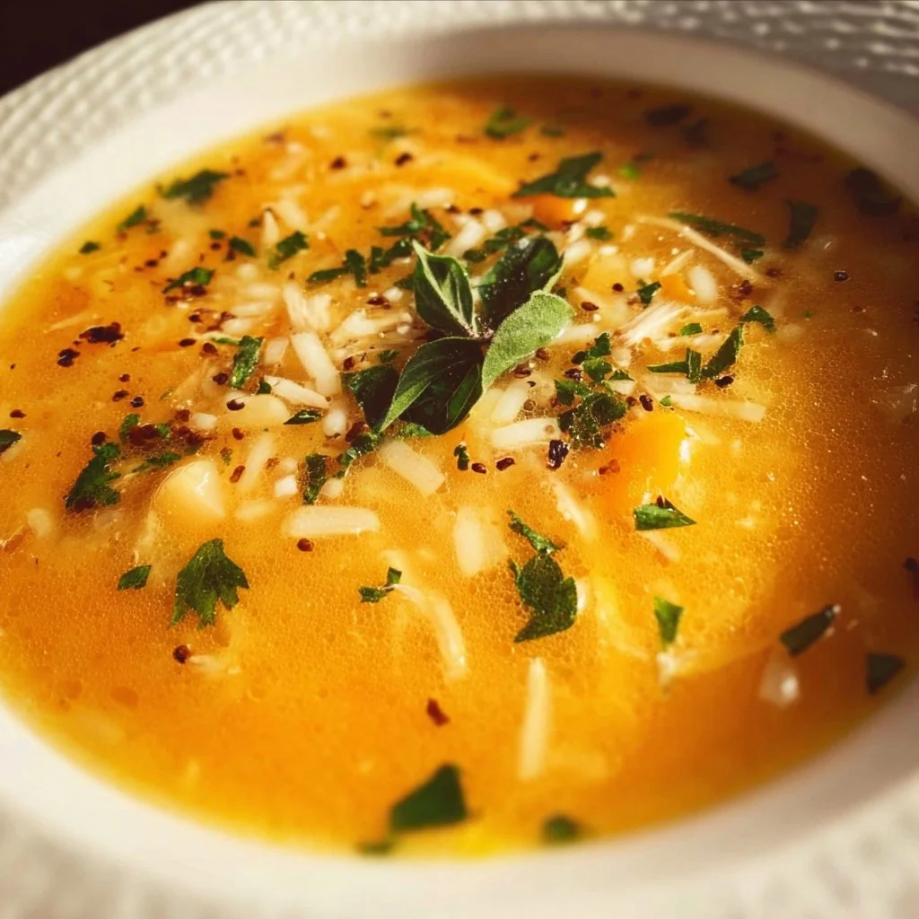 A bowl of delicious Italian Penicillin Soup garnished with herbs and spices.