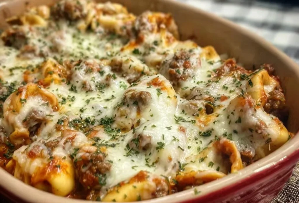 Italian Sausage Tortellini Bake with cheese and herbs
