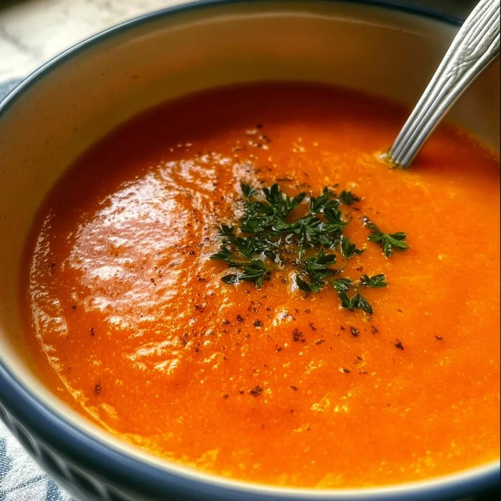 Bowl of Jan's Vegan Carrot Soup garnished with fresh herbs.