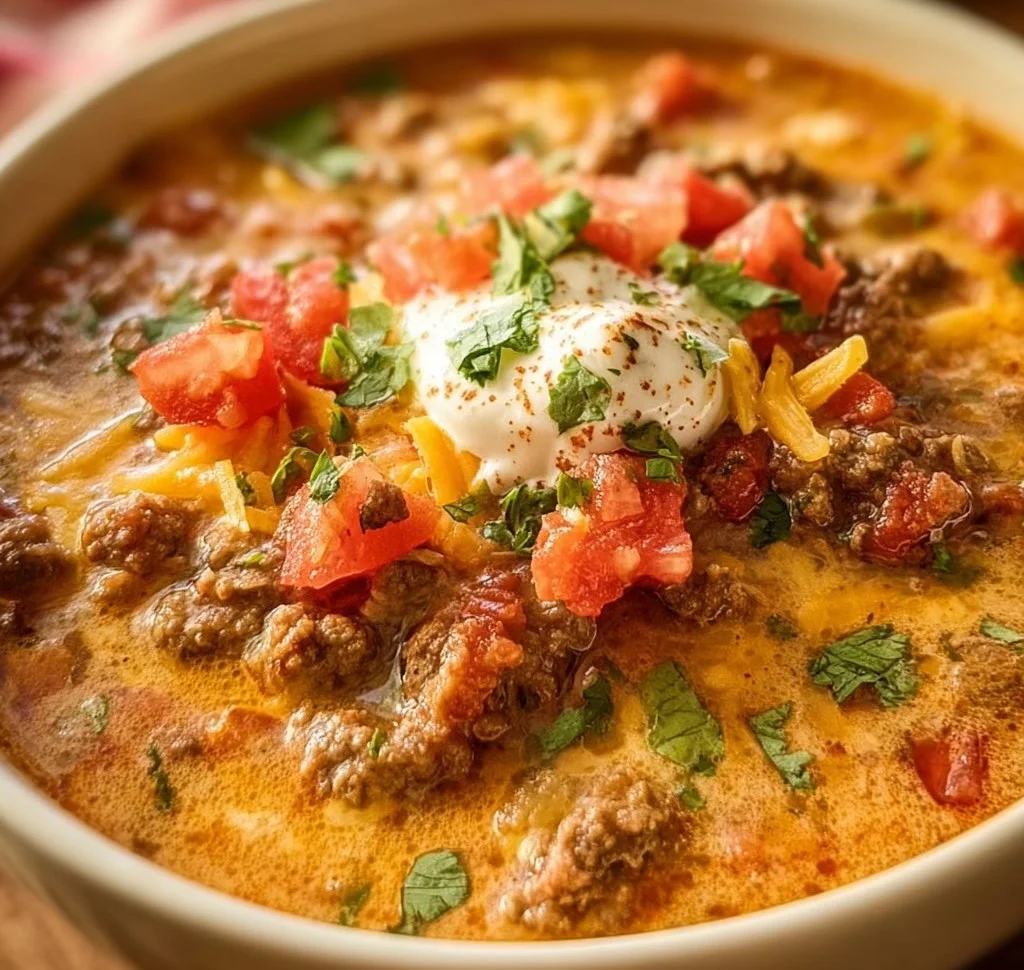 Bowl of delicious Keto Taco Soup topped with cheese and avocado