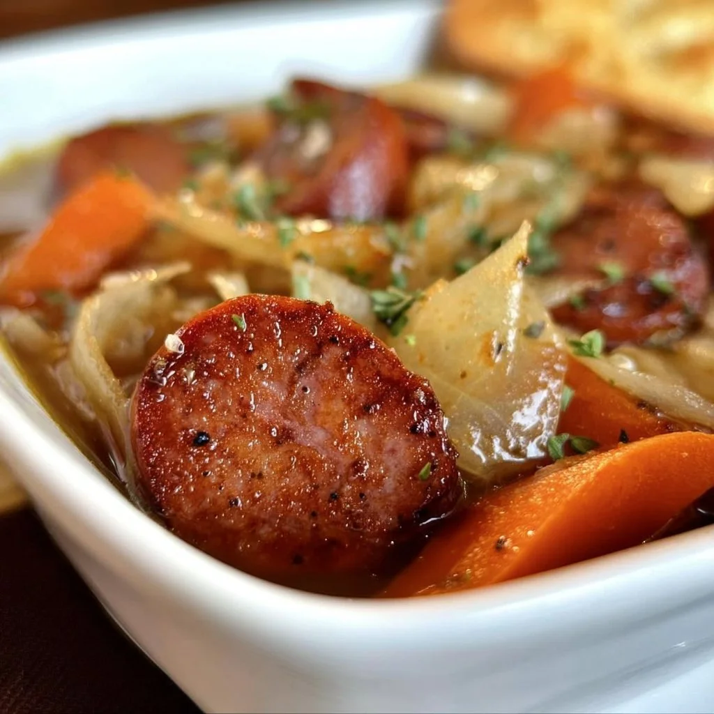 Bowl of hearty Kielbasa Onion Soup with vegetables and herbs