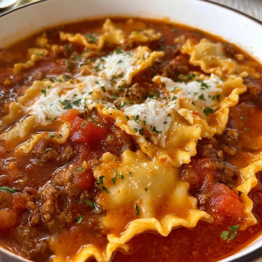 Delicious bowl of lasagna soup with melted cheese and pasta in a rich tomato broth.