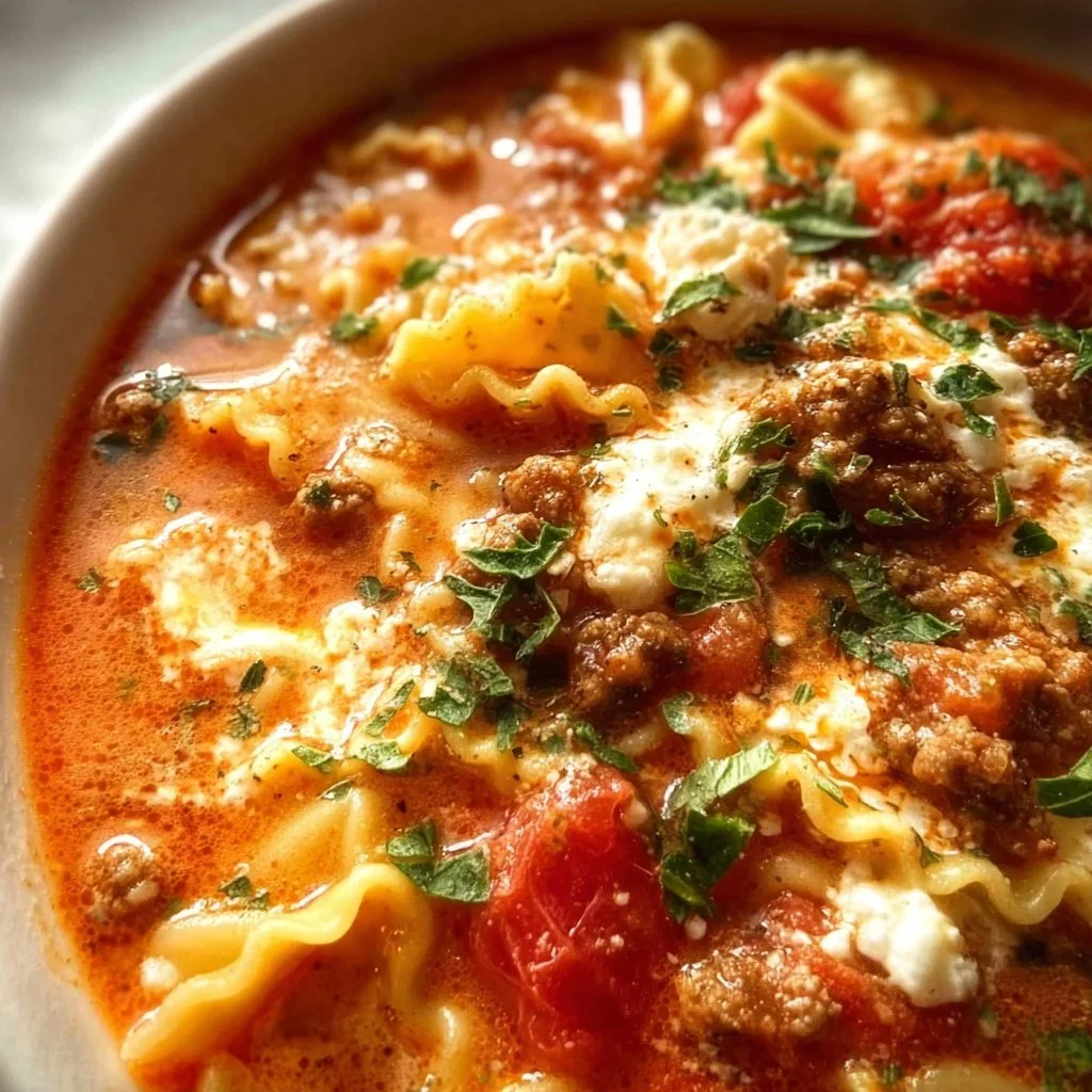 Delicious bowl of Lasagna Soup topped with cheese and herbs