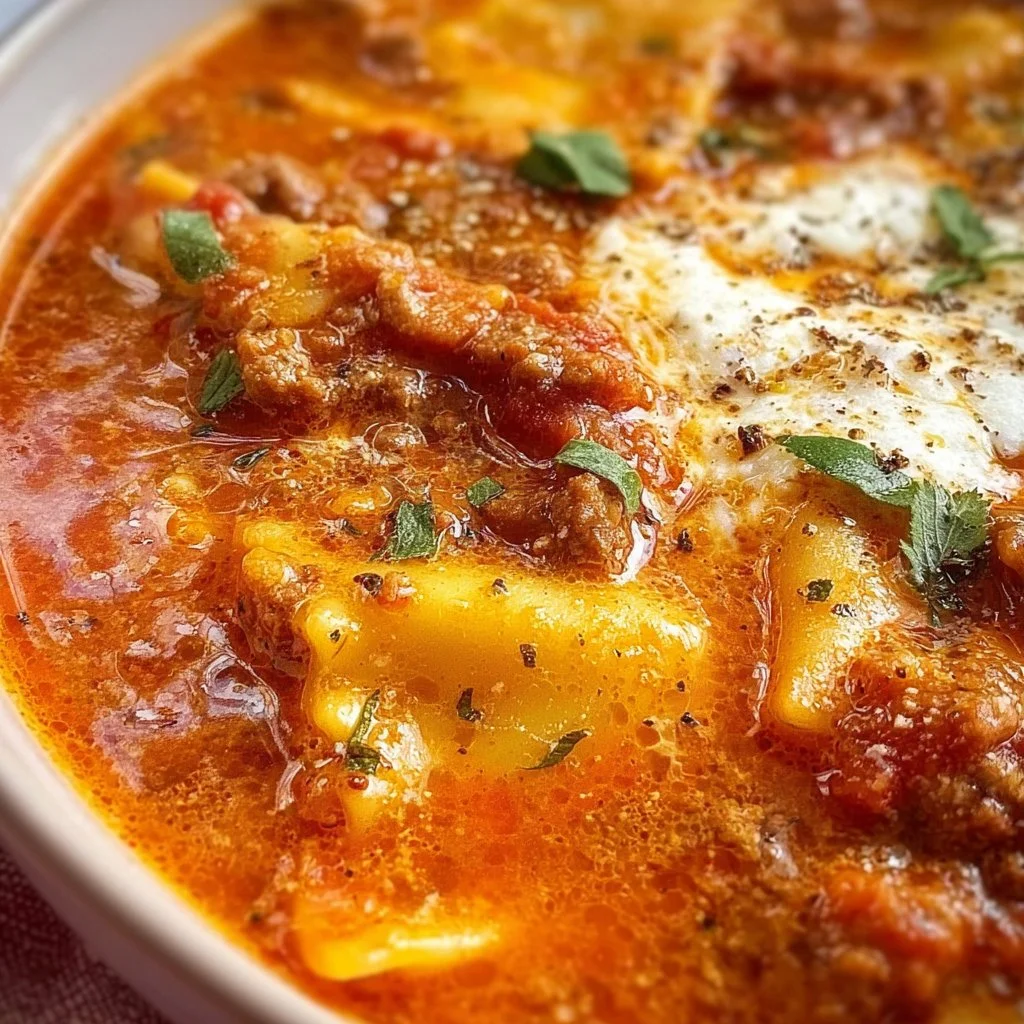 Bowl of lasagna soup with pasta, cheese, and marinara toppings
