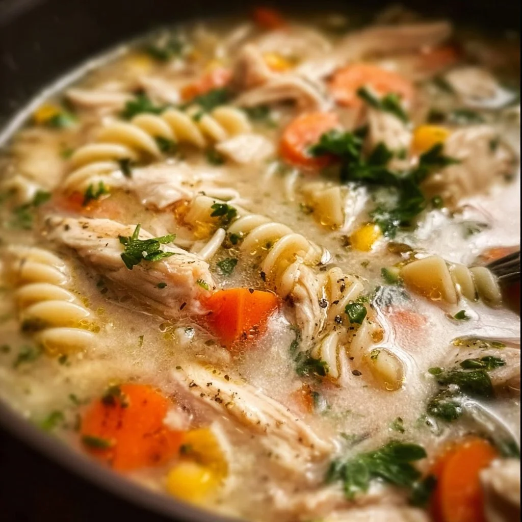Bowl of homemade leftover turkey soup filled with vegetables and herbs
