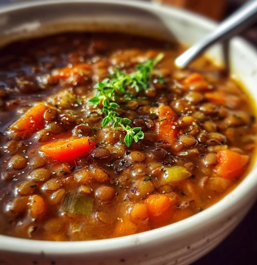 Bowl of steaming lentil soup garnished with herbs and spices