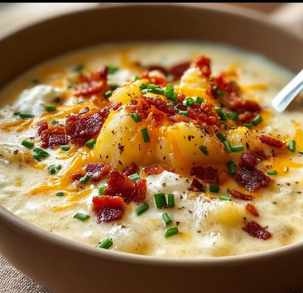 Bowl of loaded baked potato soup topped with cheese and bacon