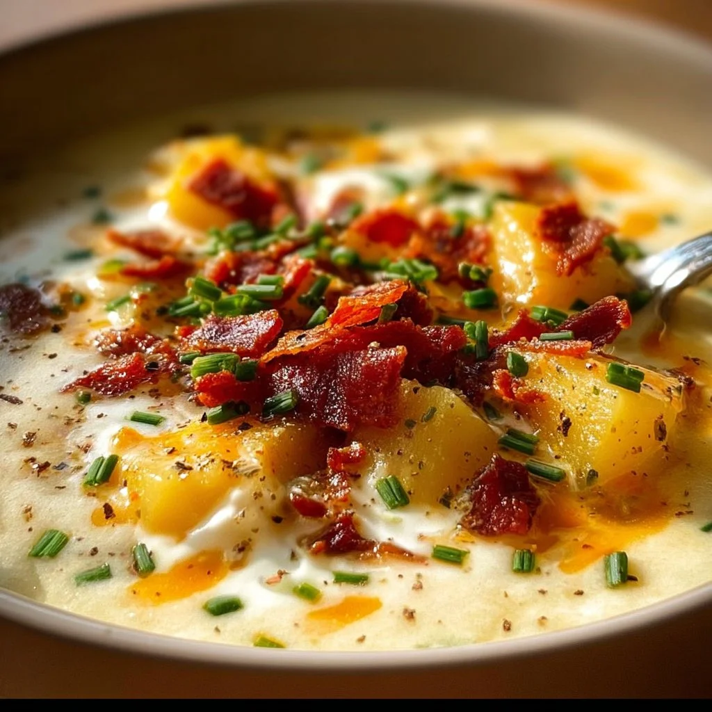 Delicious loaded baked potato soup topped with cheese, bacon, and chives