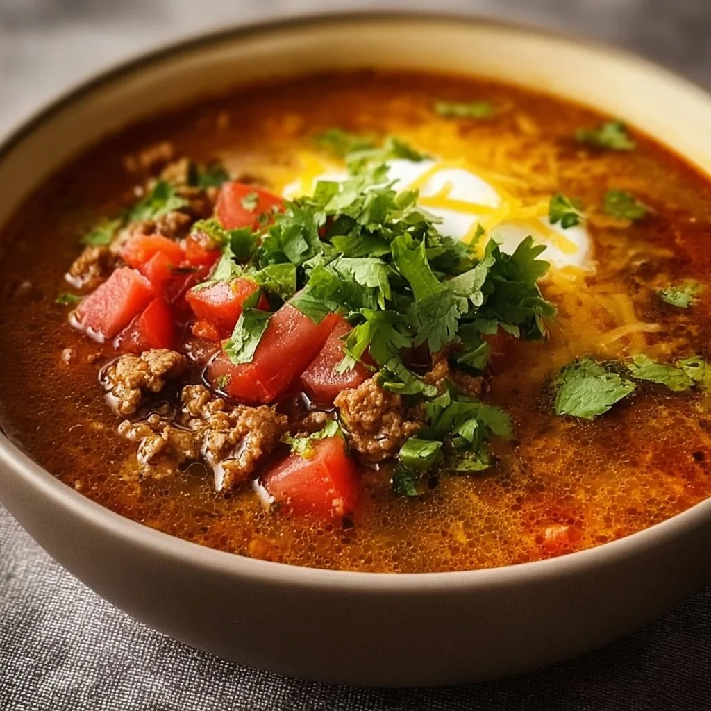 Bowl of low-carb taco soup topped with avocado and cilantro