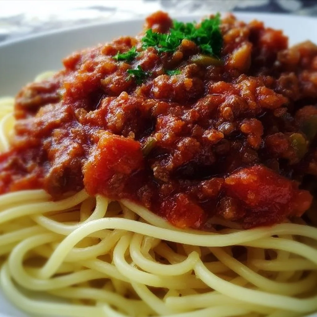 A bowl of Ma Hunsicker's homemade spaghetti sauce with fresh herbs and tomatoes.