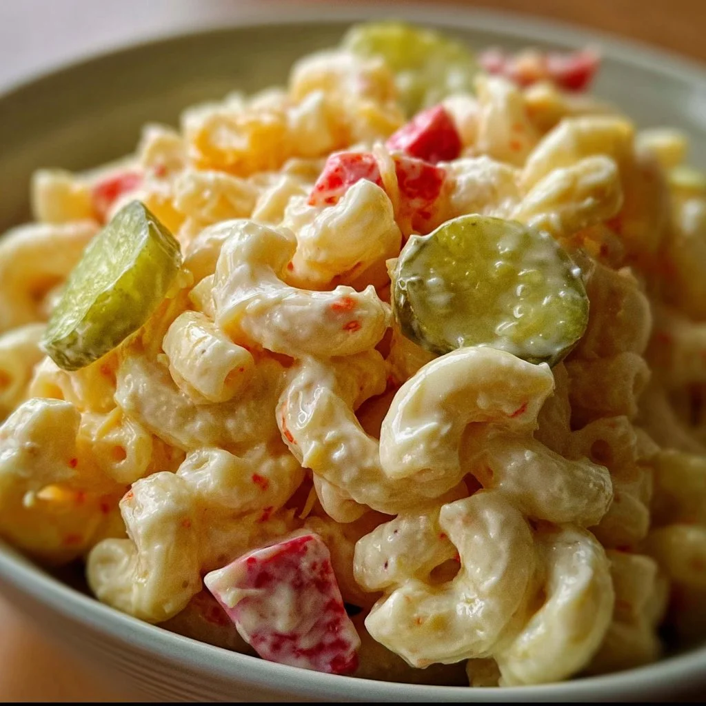 Delicious macaroni salad with pickles served in a bowl.