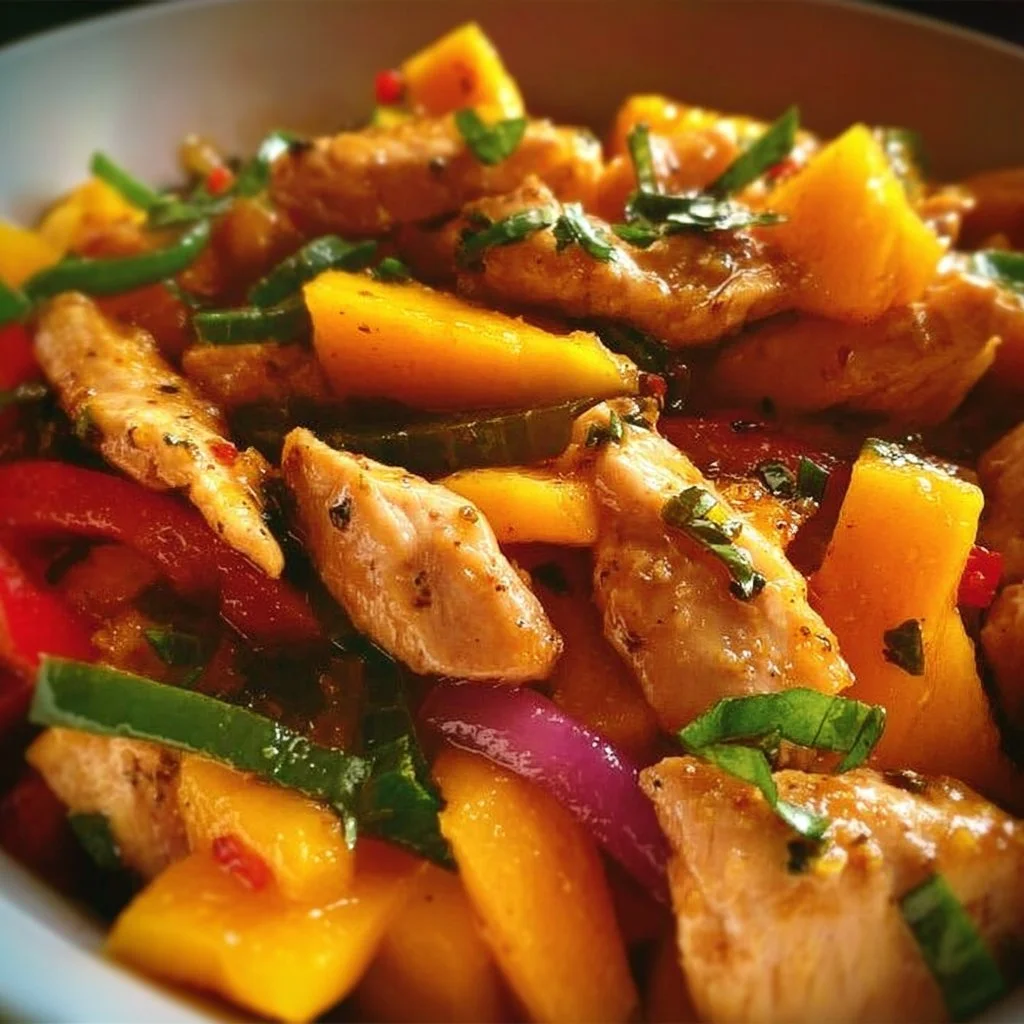 Mango chicken stir fry with colorful vegetables and fresh mango slices