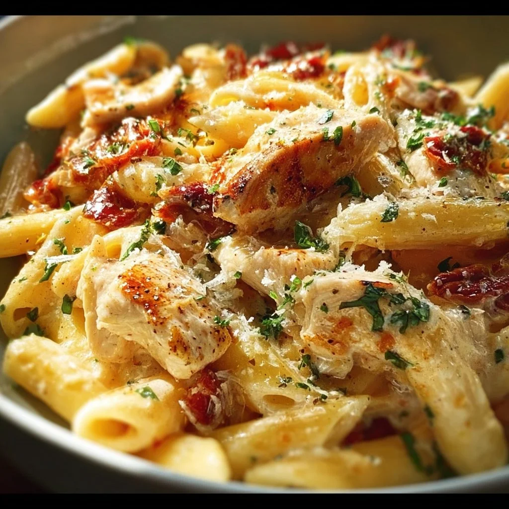 Delicious Marry Me Chicken Pasta served with cream sauce and basil.
