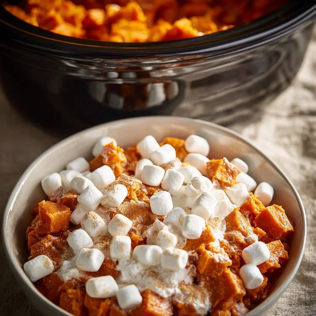 Delicious marshmallow crock pot sweet potatoes ready to serve.