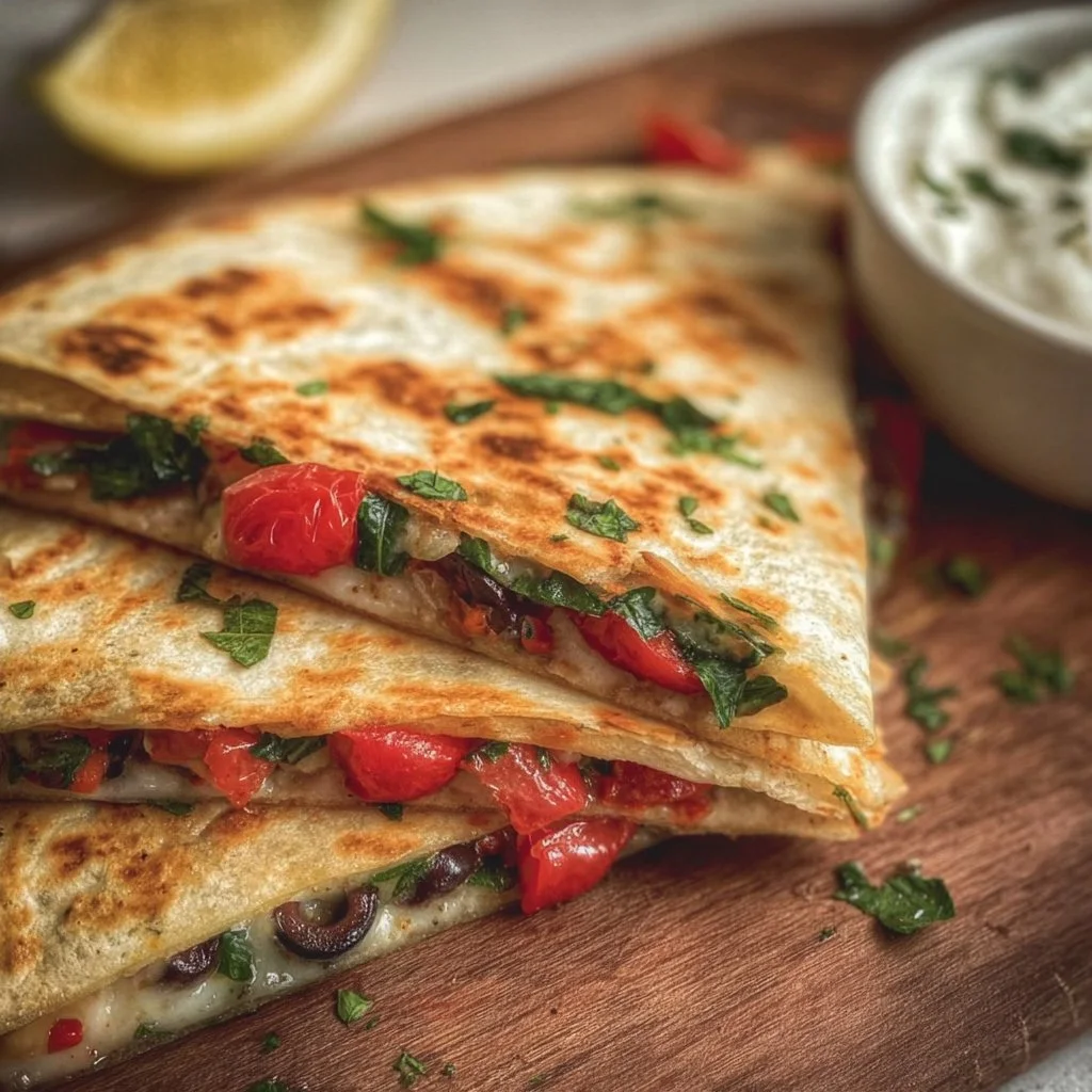 Delicious Mediterranean Quesadilla filled with fresh vegetables and herbs