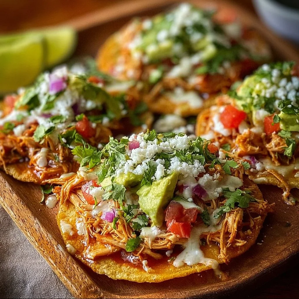 Delicious Mexican rotisserie chicken tostadas with fresh toppings