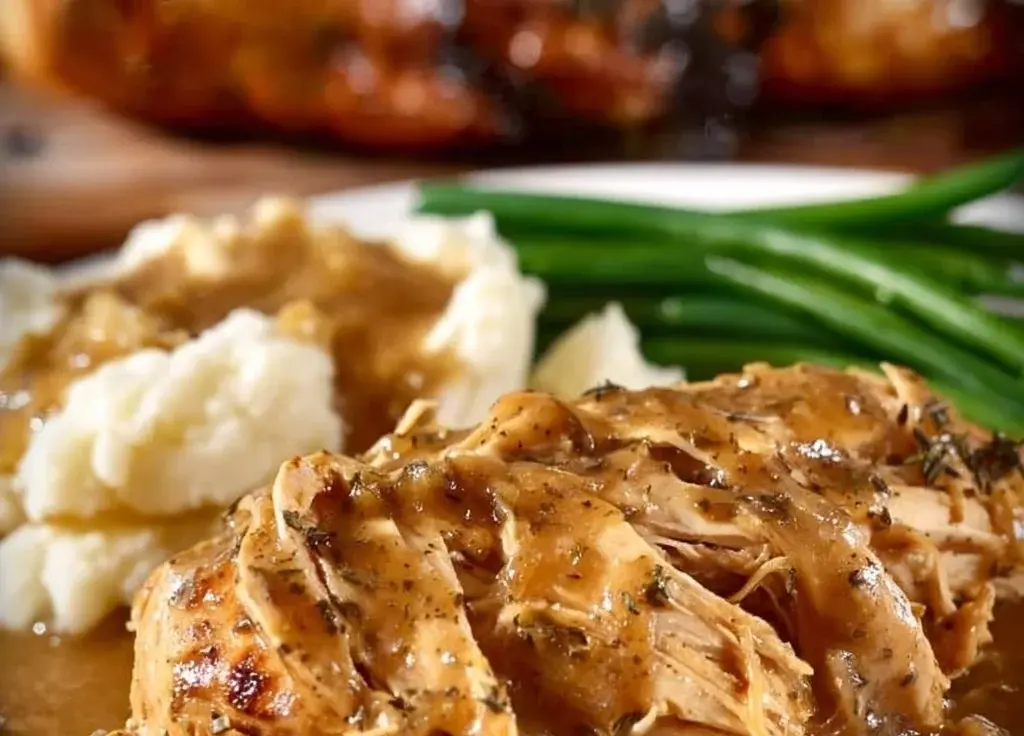 Delicious Mississippi Chicken dish served with sides on a rustic table.