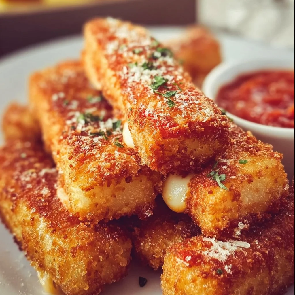 Mozzarella lasagna sticks served on a plate with marinara sauce