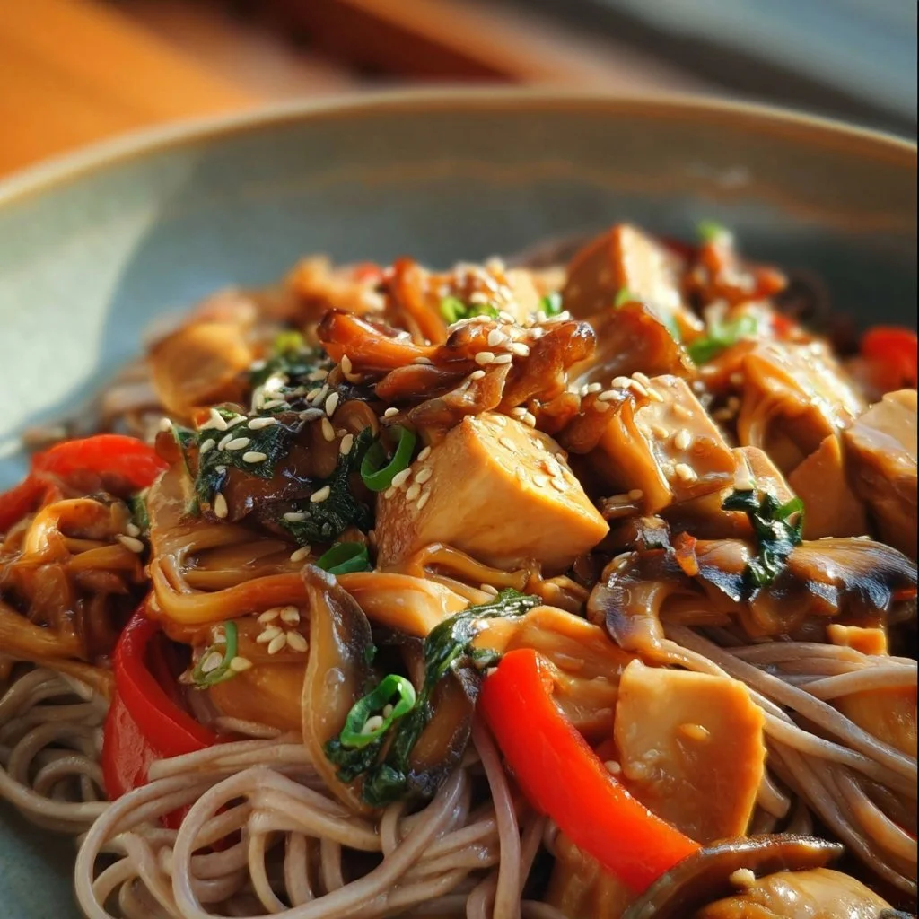 Mushroom and Jackfruit Stir-Fry with Soba noodles garnished with fresh vegetables.