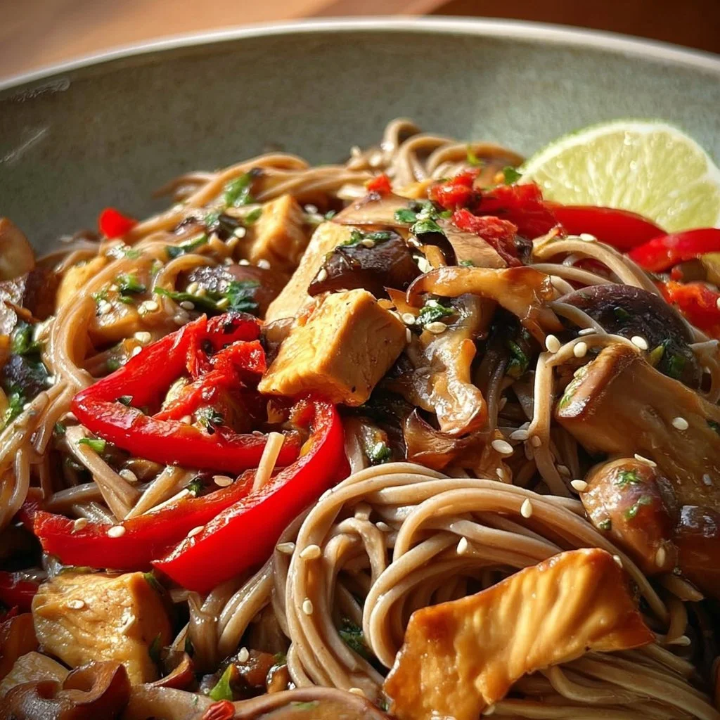 Mushroom and jackfruit stir-fry served with soba noodles