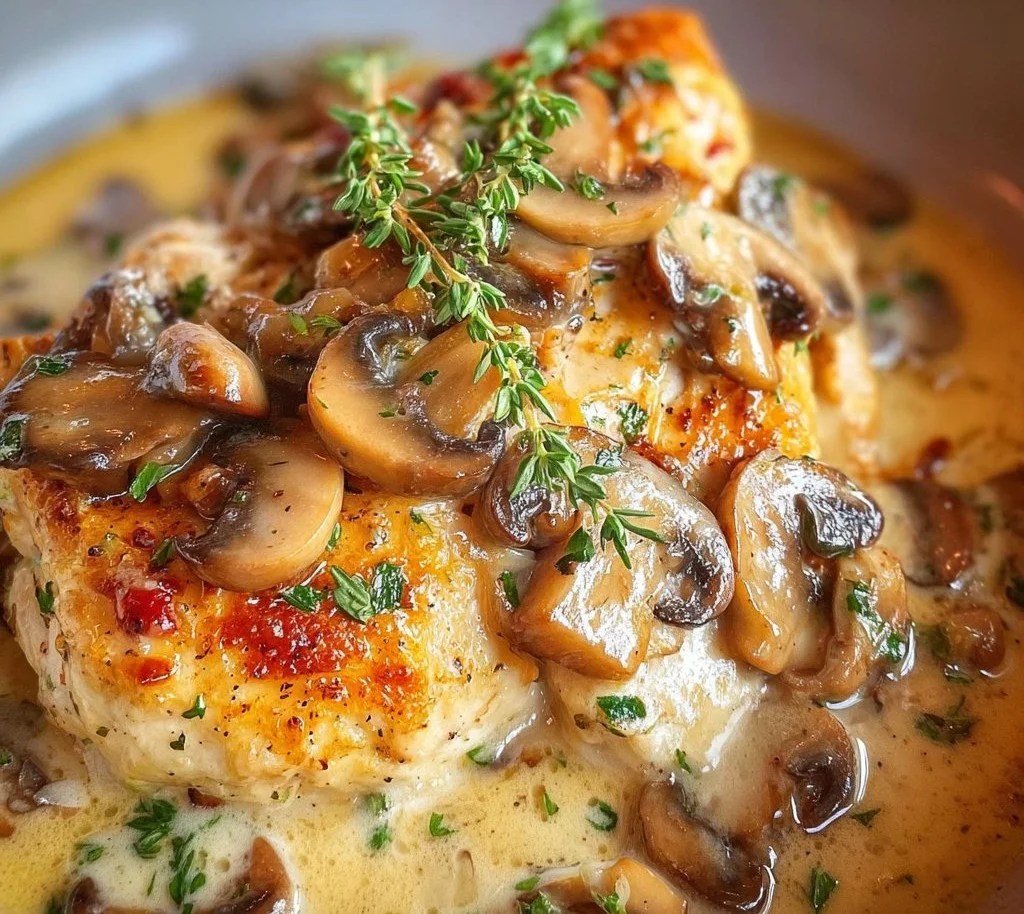 Delicious Mushroom Asiago Chicken garnished with fresh herbs