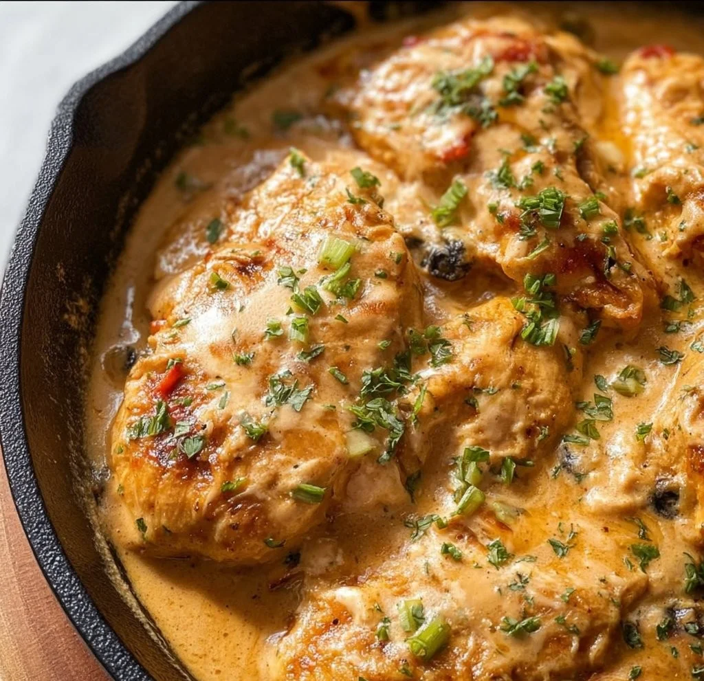 One Pan Sour Cream Chicken Enchilada Skillet garnished with fresh ingredients