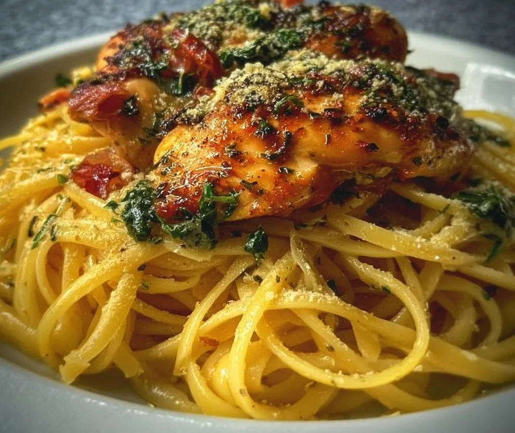 Oven chicken served with linguini pasta in a creamy sauce