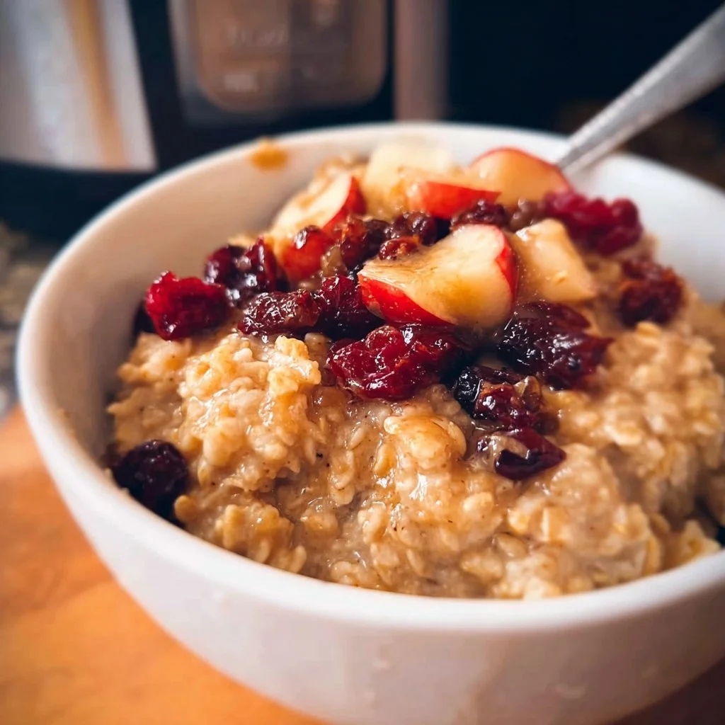 Delicious bowl of overnight crock pot oatmeal topped with fruits and nuts