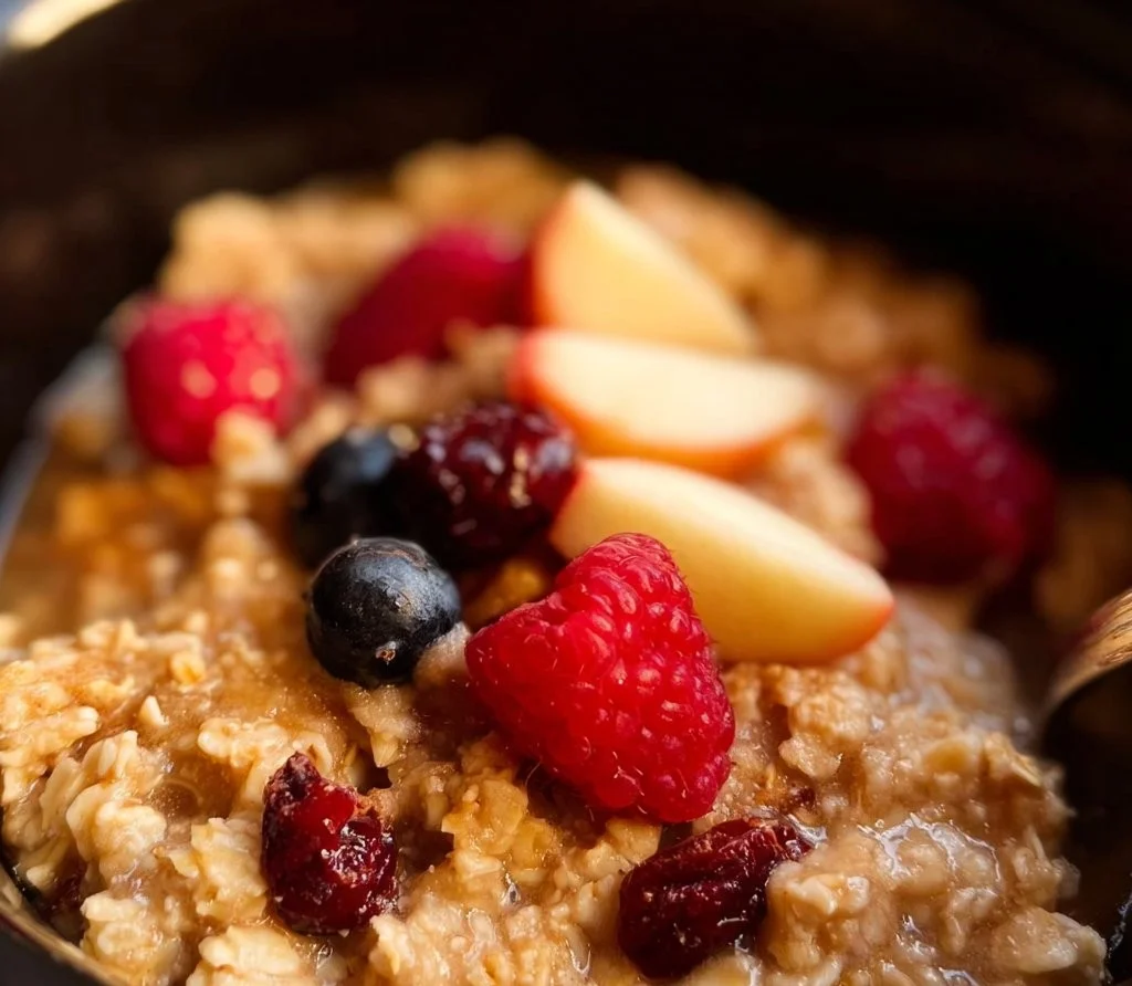 Delicious overnight crock pot oatmeal served in a bowl with fruits