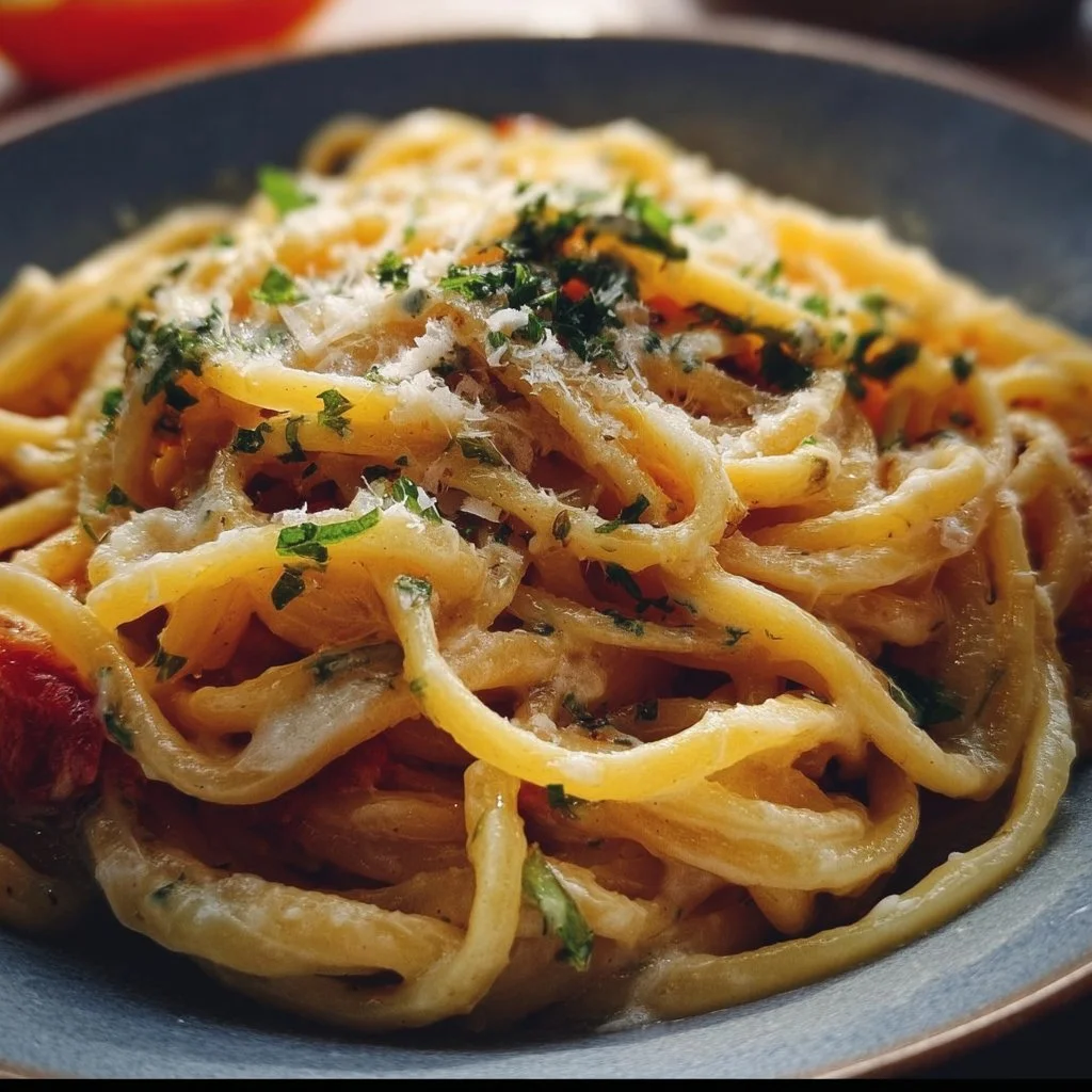 Delicious pasta topped with creamy starch sauce for a flavorful meal.