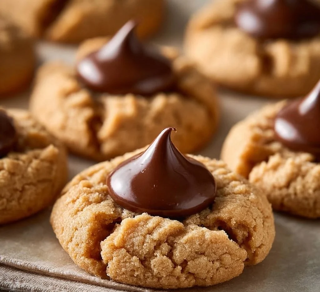 Delicious Peanut Butter Blossom Cookies topped with chocolate kisses