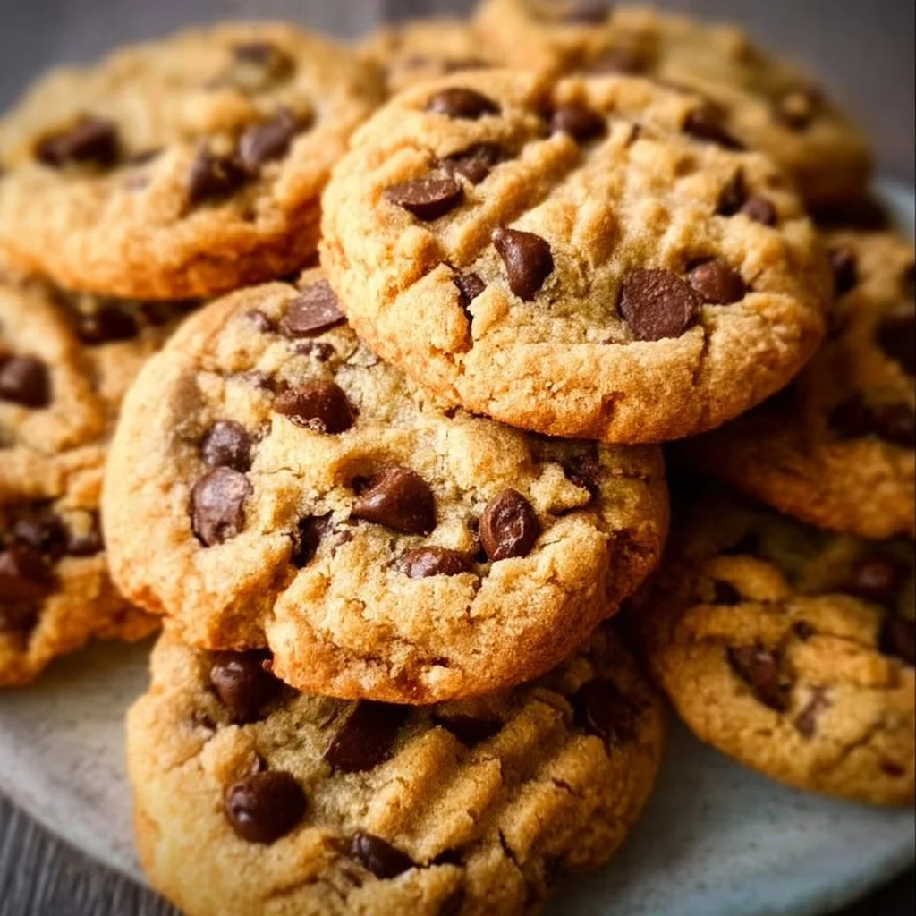 Peanut Butter Chocolate Chip Cookies fresh from the oven, topped with chocolate chips.