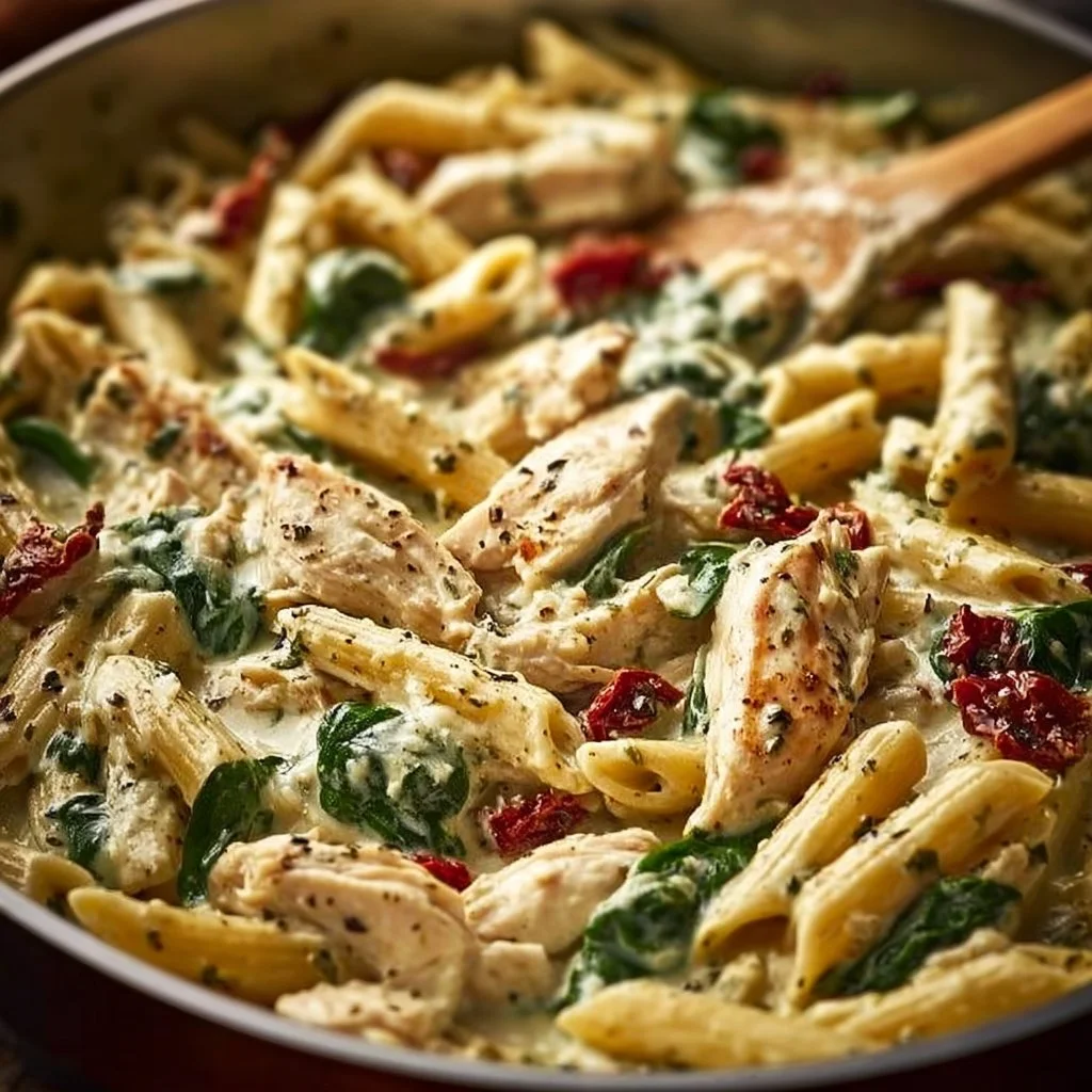 Plate of Pesto Chicken Pasta topped with fresh basil and parmesan cheese.