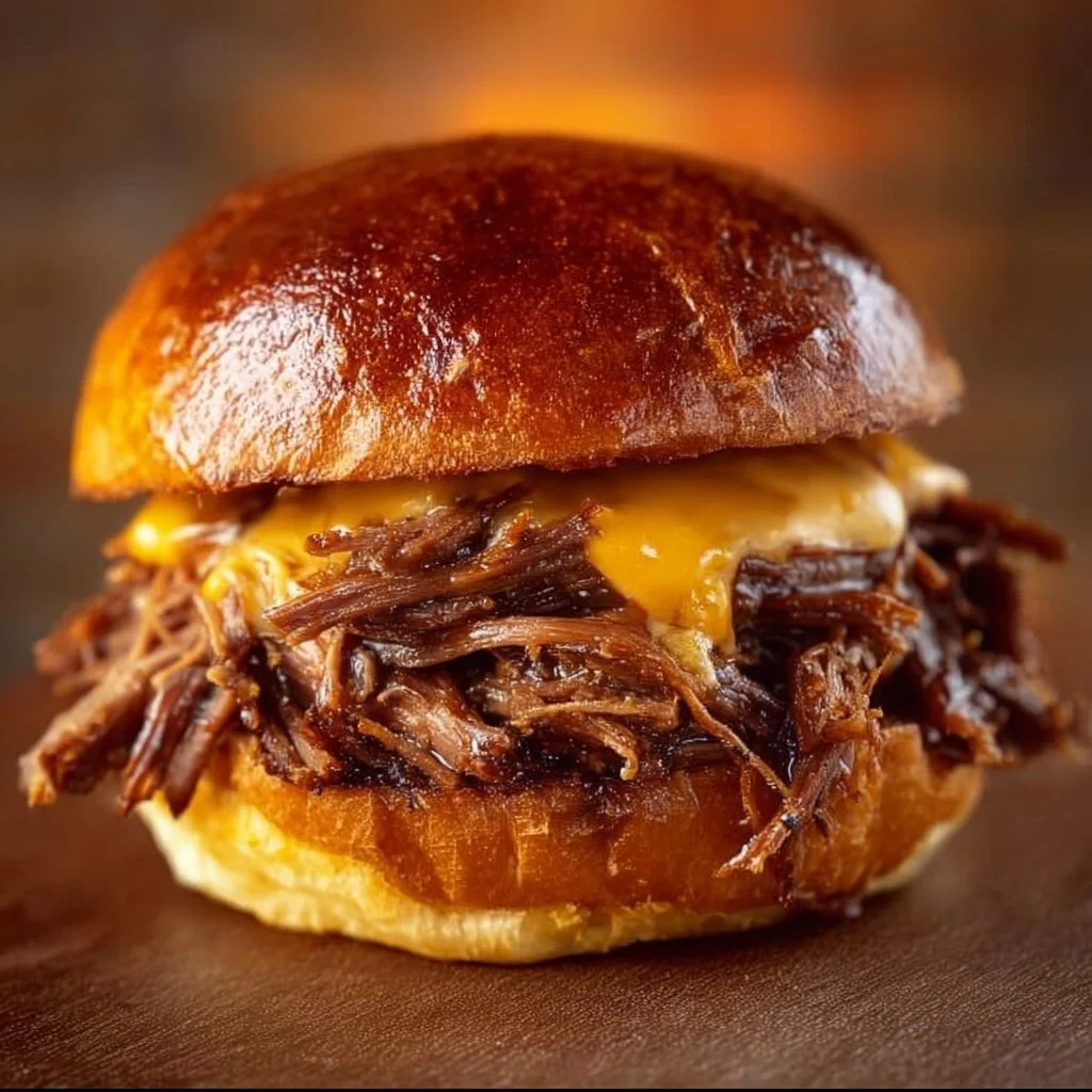 Delicious pulled beef sandwich loaded with tender beef and toppings.