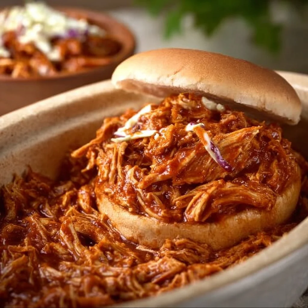 Delicious pulled chicken recipe served in a sandwich with toppings